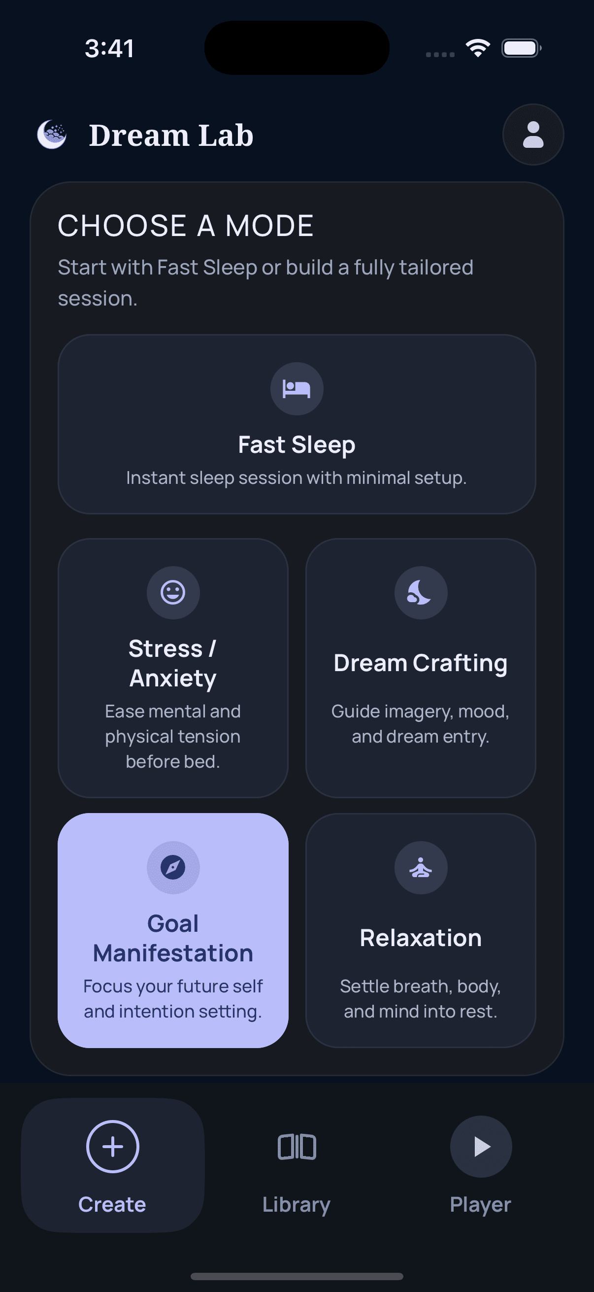 Dream Lab create screen with meditation modes
