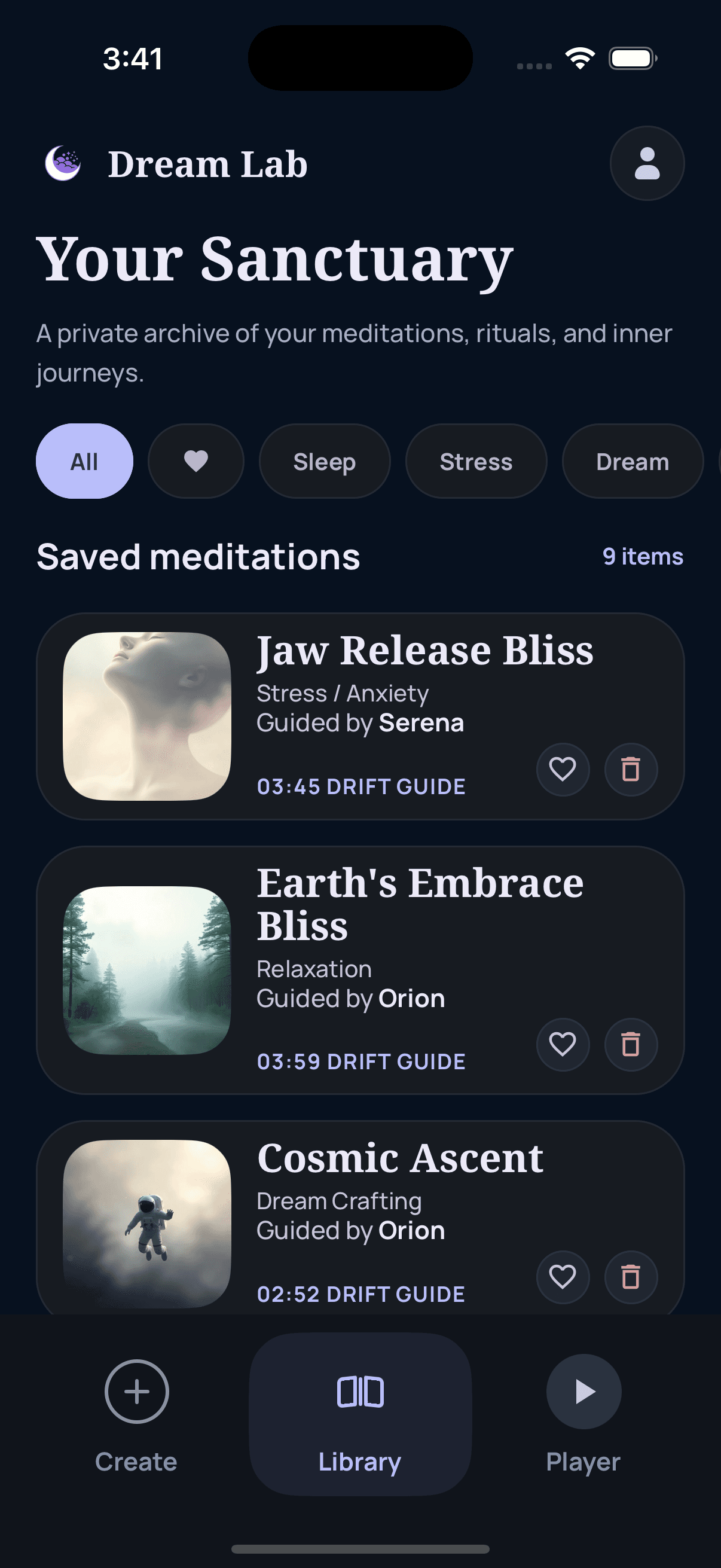 Dream Lab library screen with saved meditations